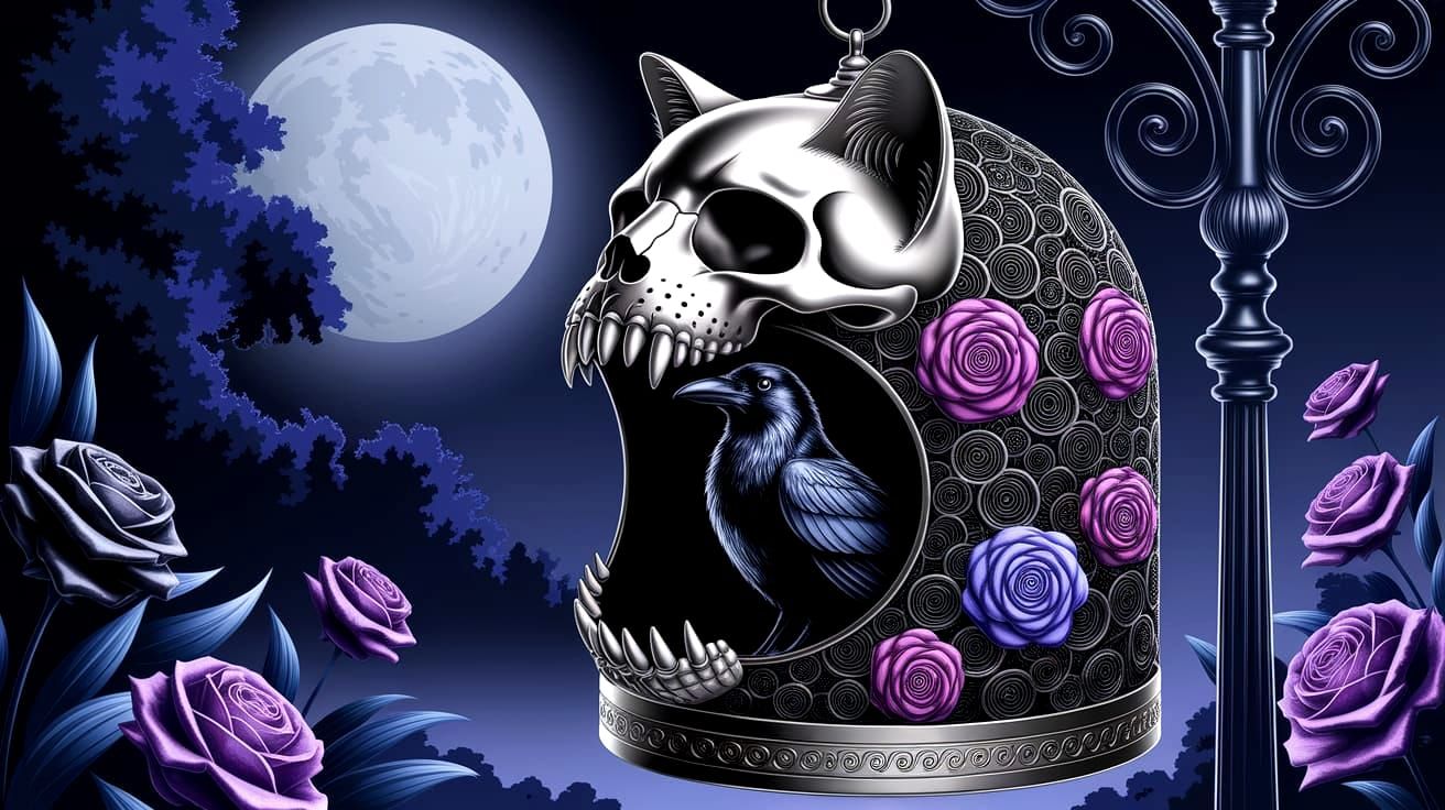 Silver Cat Skull Birdcage with Raven in Moonlight