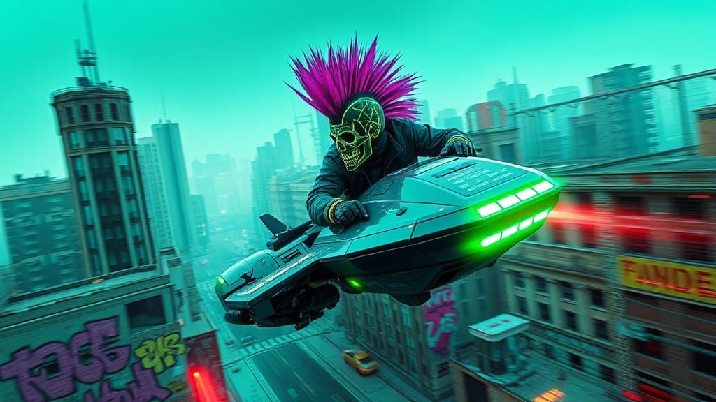 Cyberpunk Rider Over Graffiti City in Wipeout Style