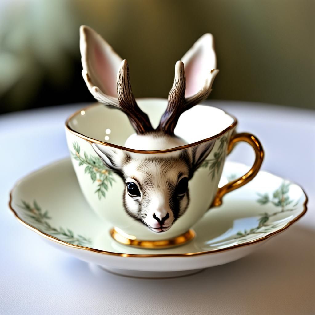Jackalope in Teacup: A Whimsical Scene