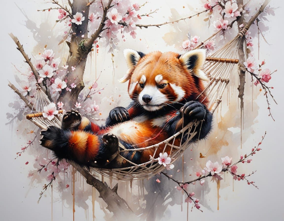 Red Panda Napping in Apple Tree Hammock