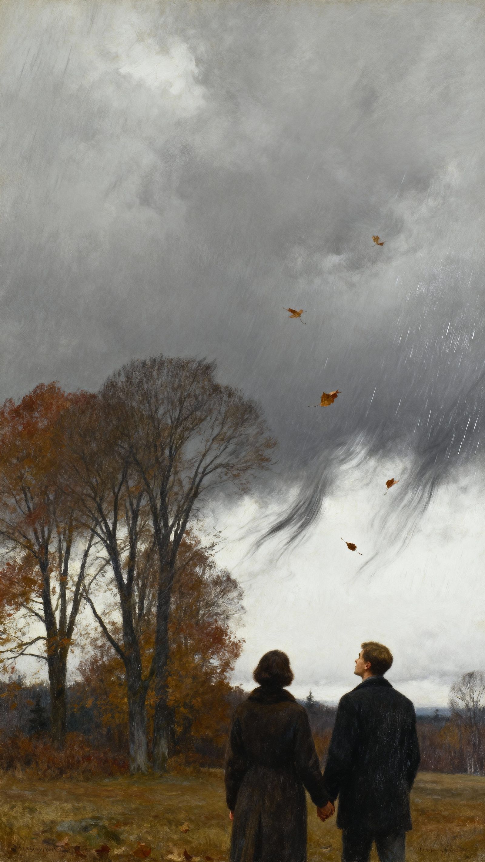 Melancholy Autumn Landscape with Couple in Painterly Style