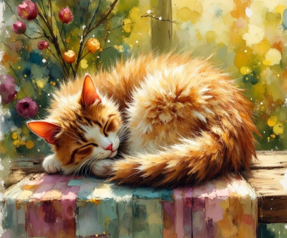 Fluffy Tabby Cat Sleeping in Hazy Sunlight