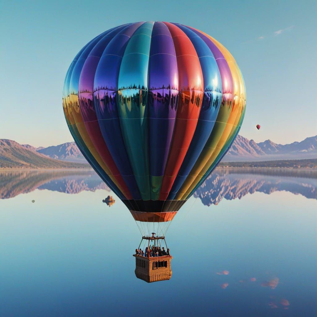A flying imposing iridescent hot air balloon floating competently, 3D image, prism reflection, panoramic, jewel tones