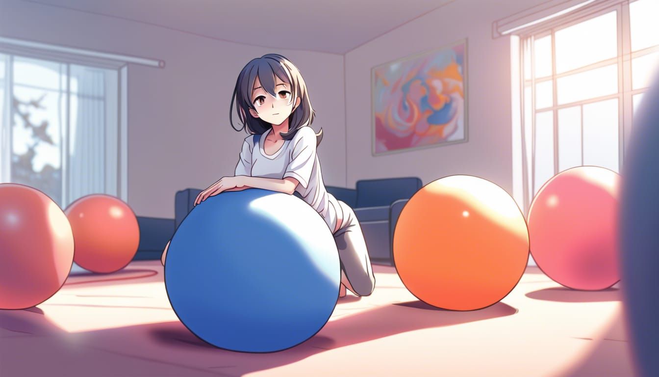 Girl on Yoga Ball in Anime Style