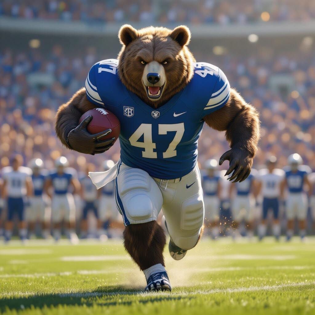 Grizzly Bear in BYU Jersey Runs with Football in Anime 3D St...