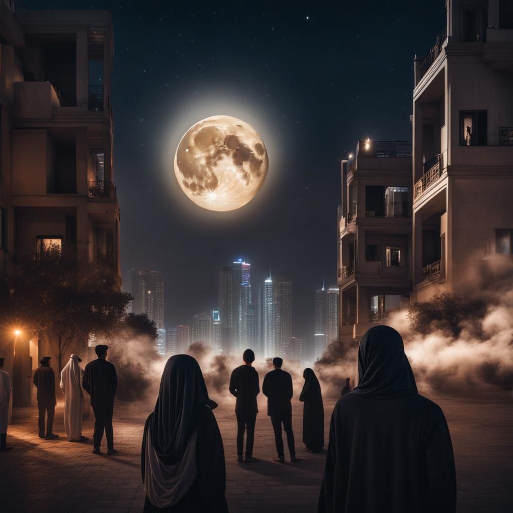 Crescent Moon Over Modern Arabic City at Night