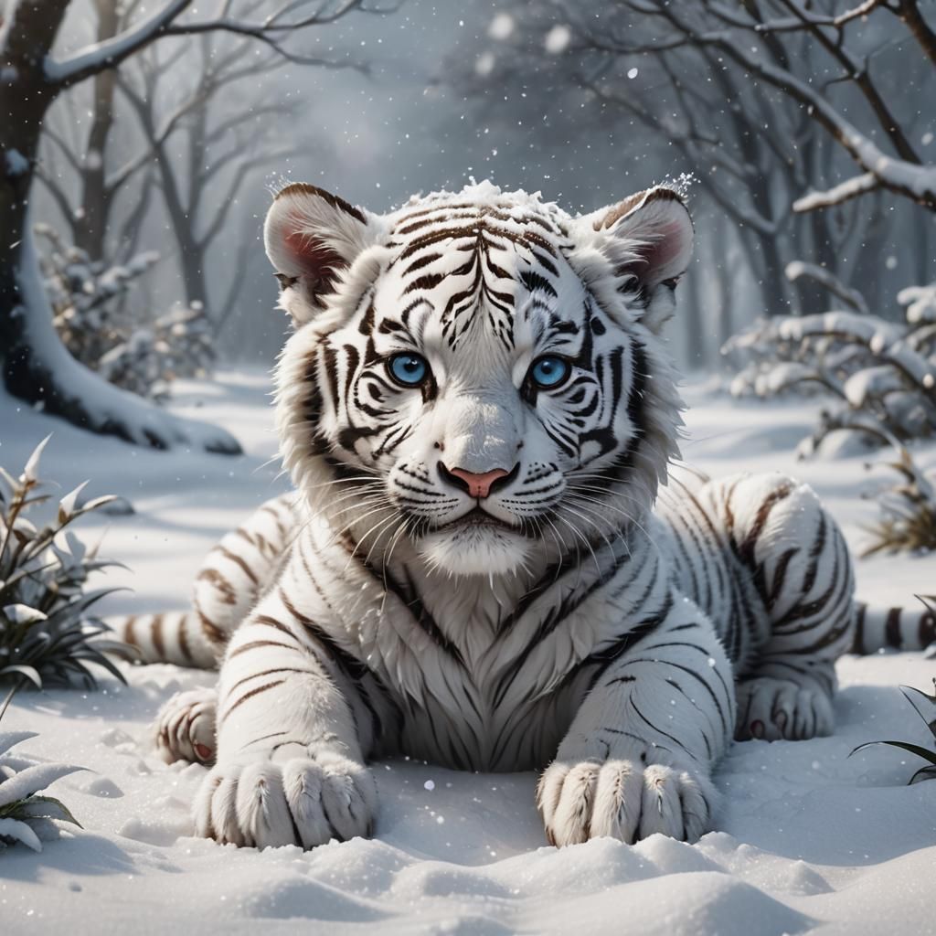 Cute White Tiger Cub in Snow, Detailed Matte Painting