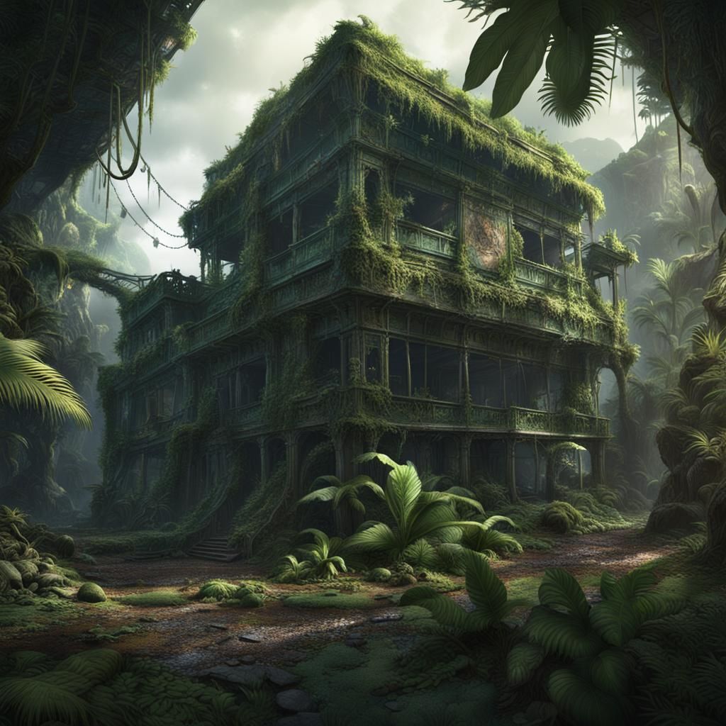 Atmospheric Jurassic Park Ruins in Lush Jungle