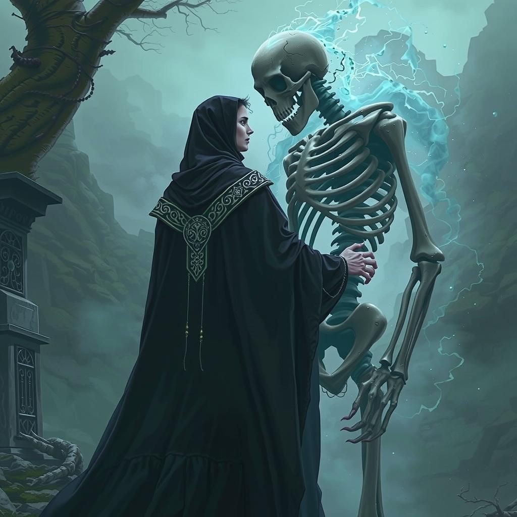 Sorceress Conjures Skeletal Warrior in Dark Fantasy Style
