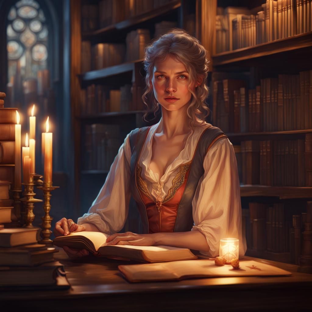 Candlelit Woman in Library: Hyperdetailed Portrait