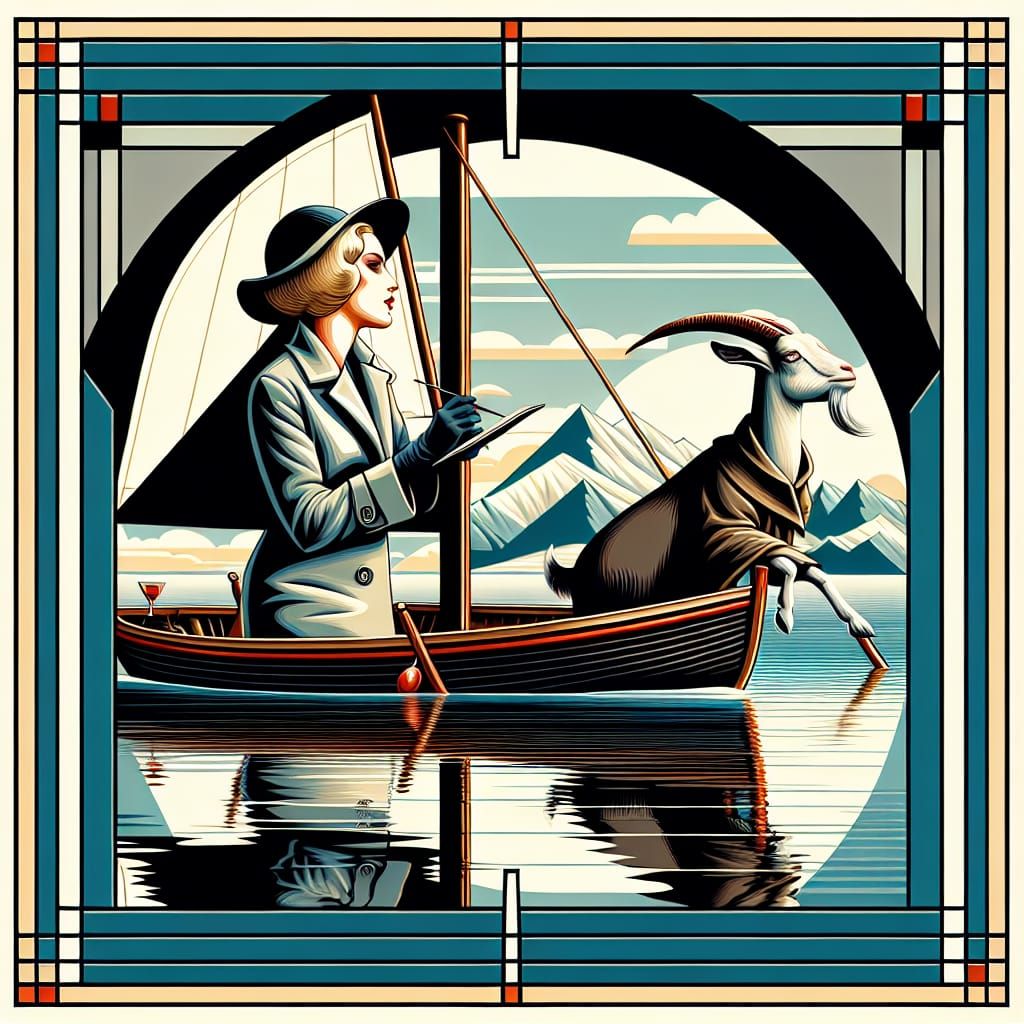Art Deco Woman and Goat in Vintage Sailing Scene