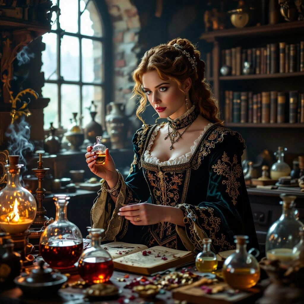 Lady Anne Fitzgerald in Alchemist's Workshop, Cinematic Stil...