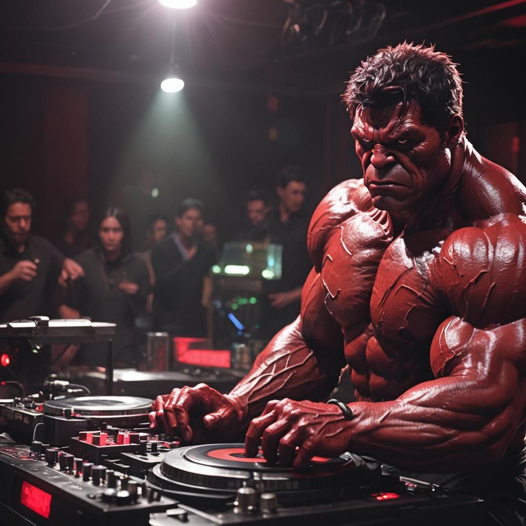 Red Hulk DJ Mixing Turntables: Cinematic Film Still