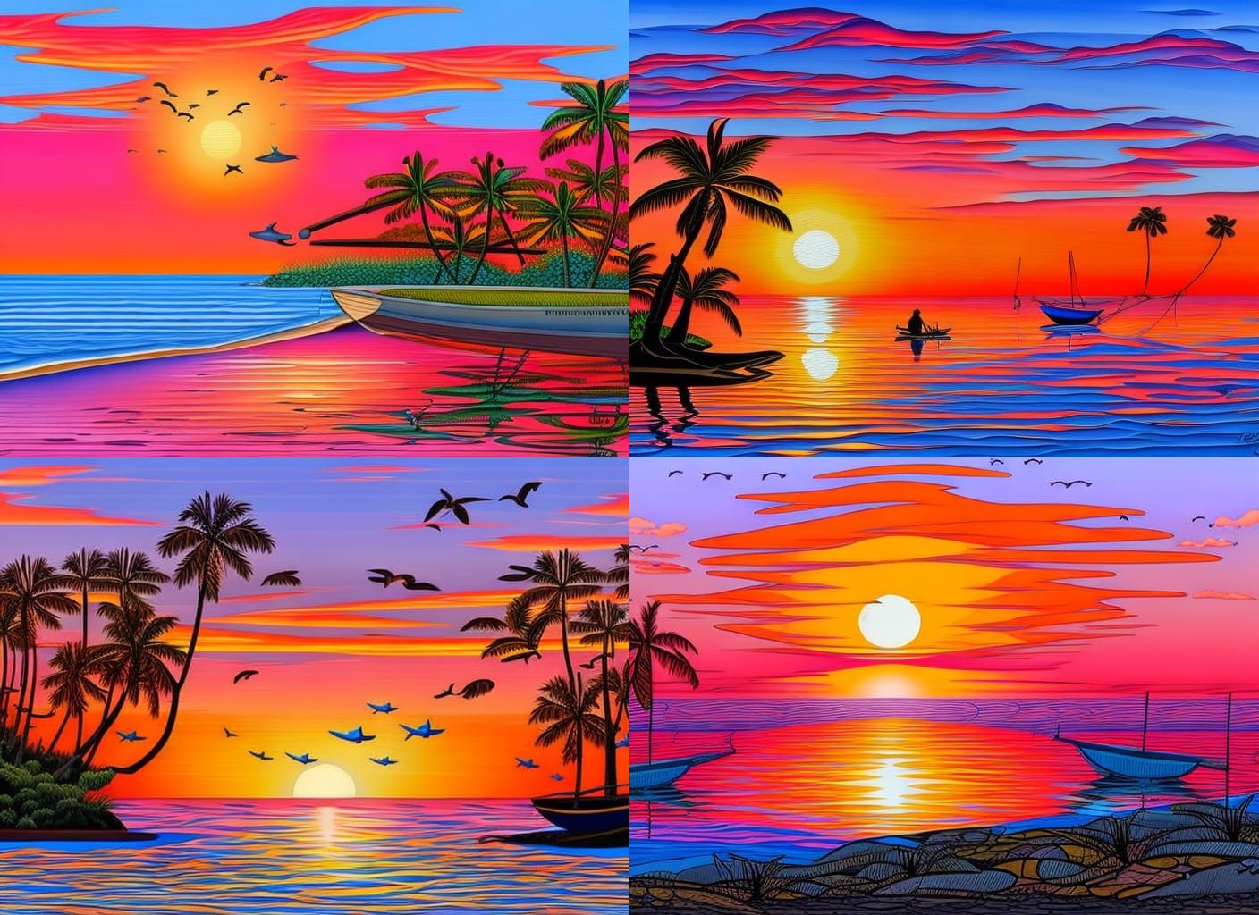 Realistic Sunset Beach Scene with Fishing Boats