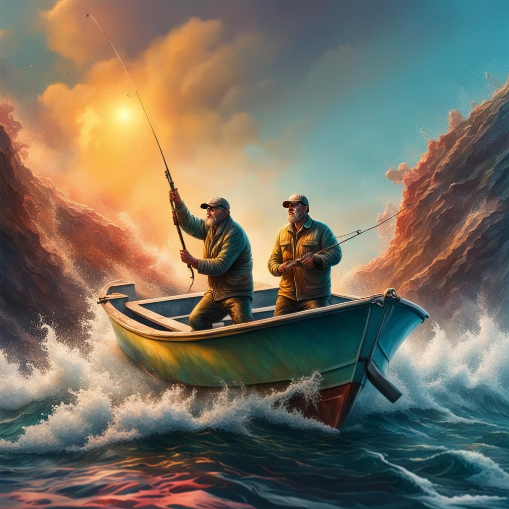 Hyperrealistic Fishermen at Sea: Dramatic Splash Art