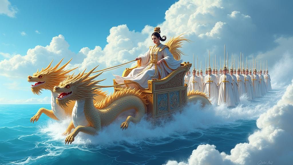 Golden Chariot Pulled by Dragons in Manga Style