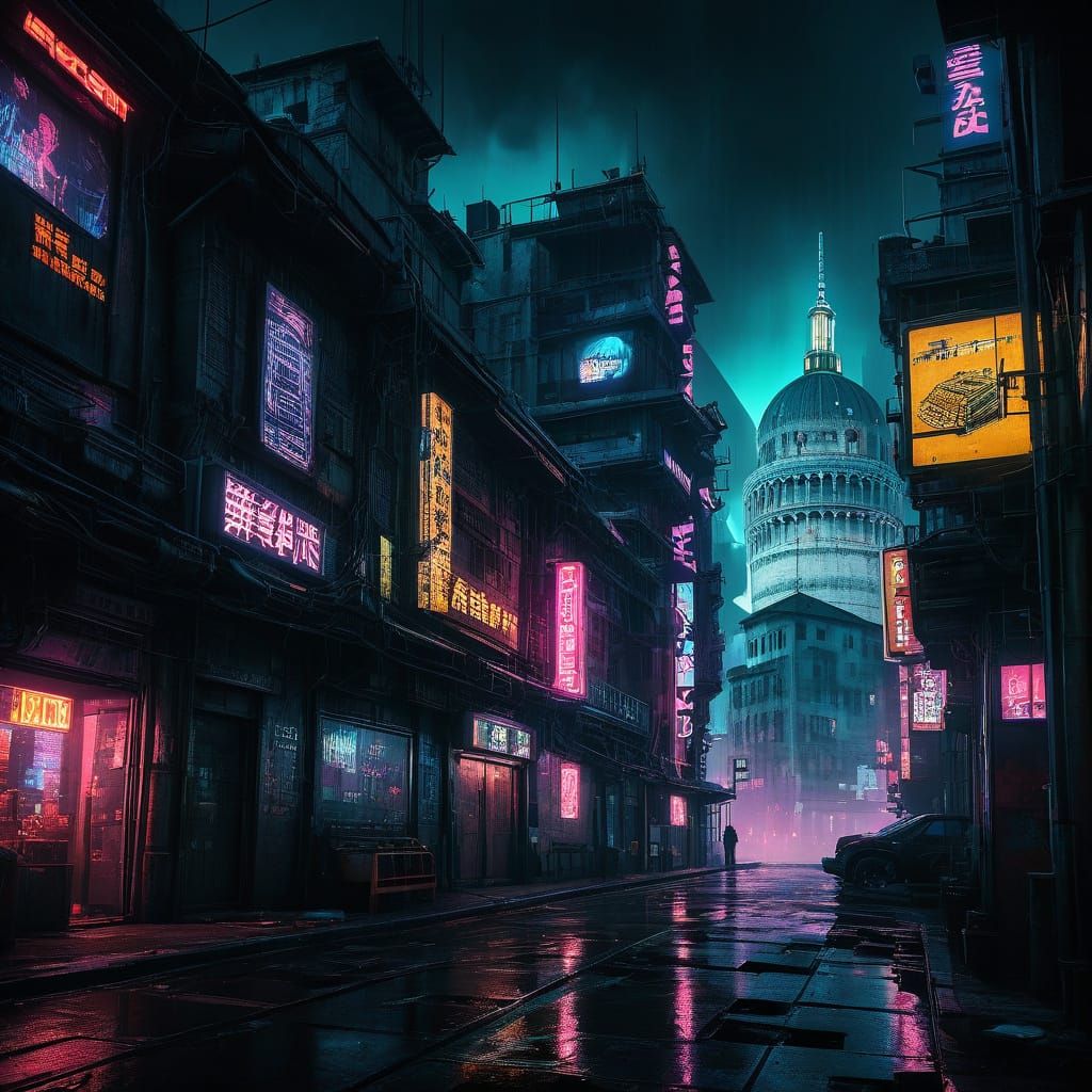 Cyberpunk Pisa: A Futuristic Leaning Tower Amidst Neon Citys...