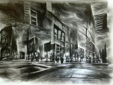 Detailed Charcoal Drawing of a City Street