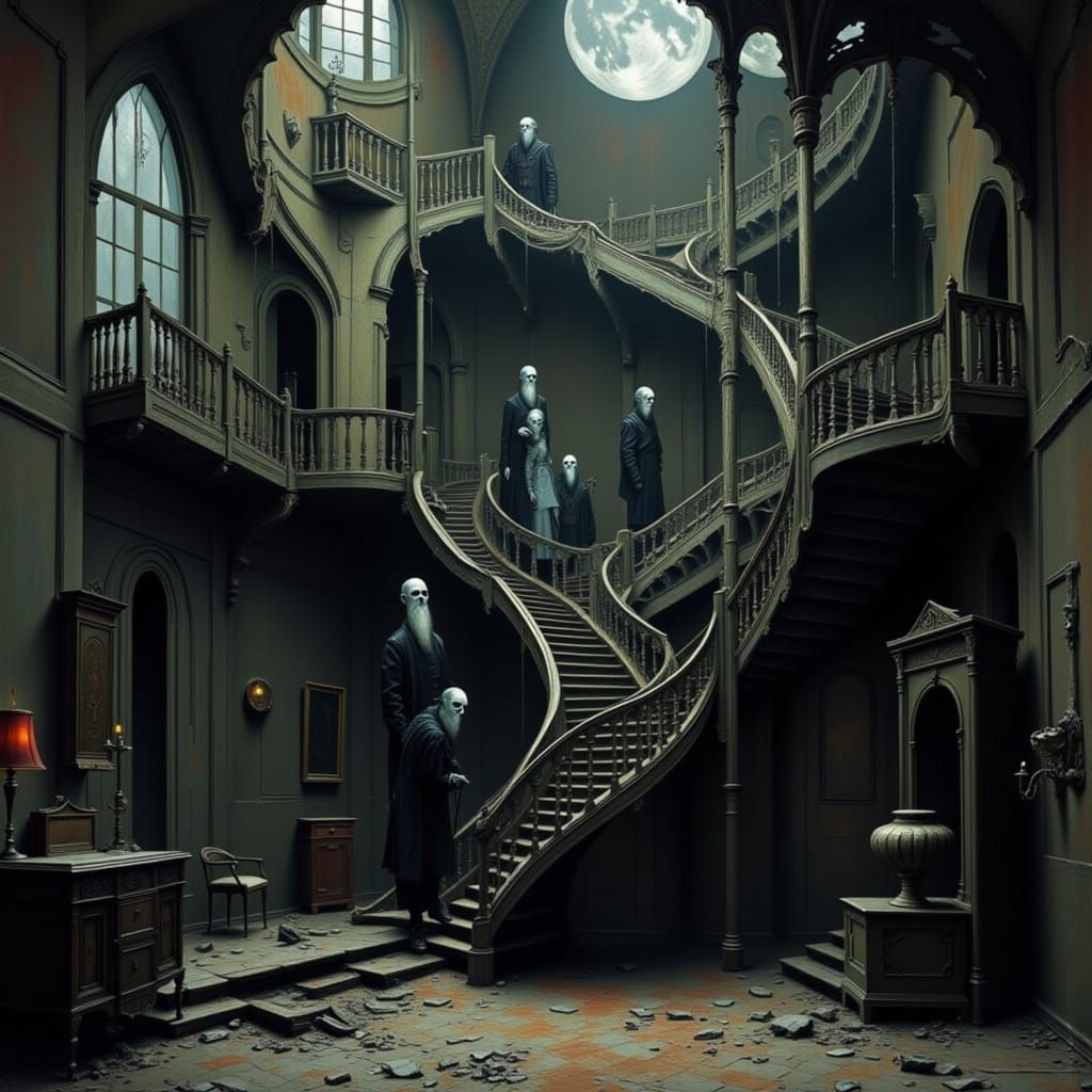 Gothic Mansion Interior with Spectral Figures on Staircase