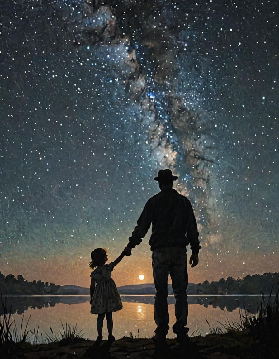 Silhouette of Father and Daughter Stargazing