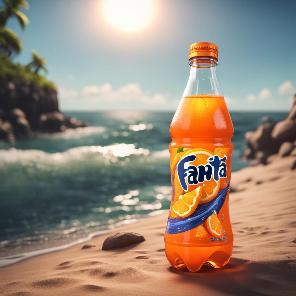 A 20 ounce bottle of orange fanta laying right next to the sea... It's a FANTASY