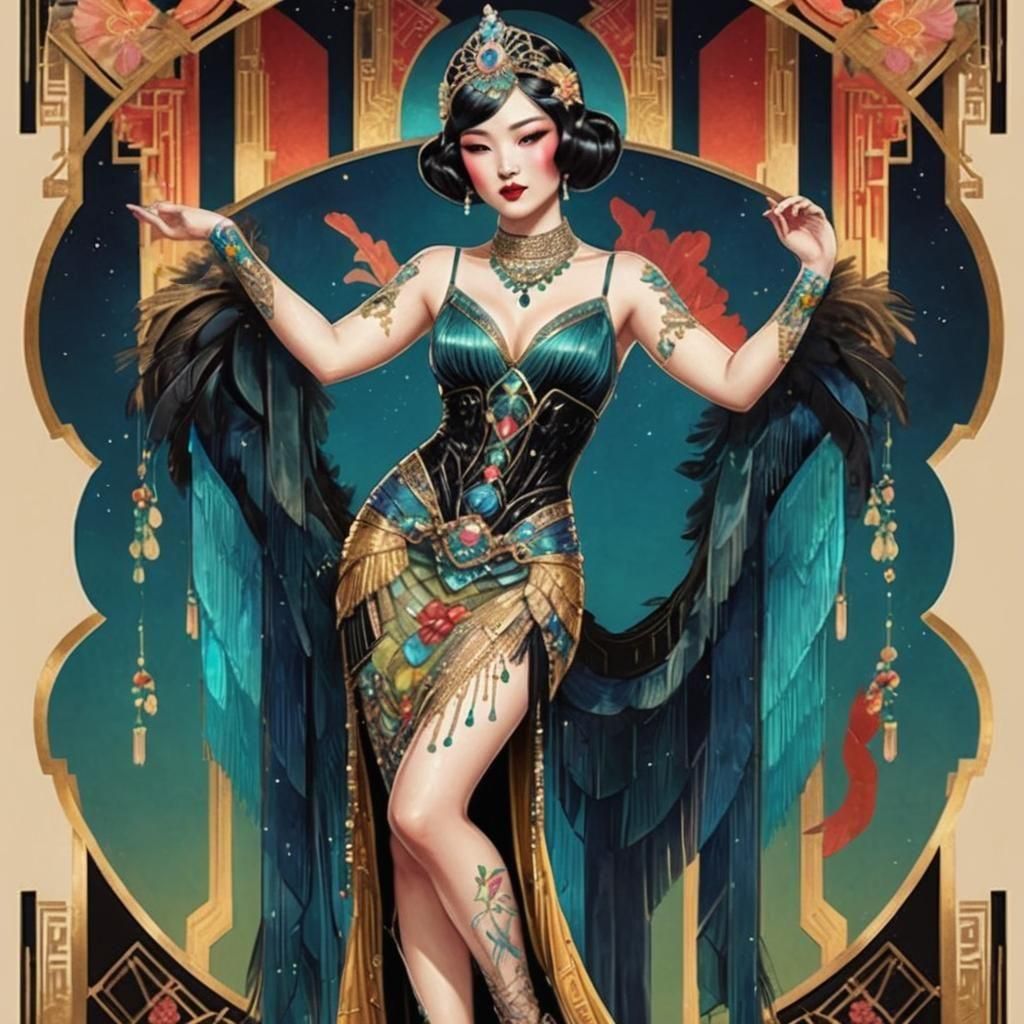 Art Deco Burlesque Asian Woman with Fans Illustration