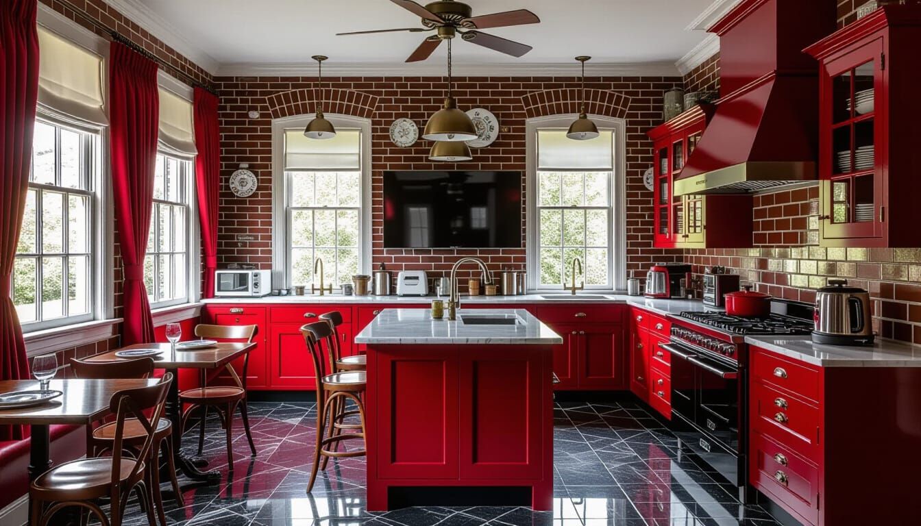 Victorian Kitchen with Red Tones and Modern Appliances