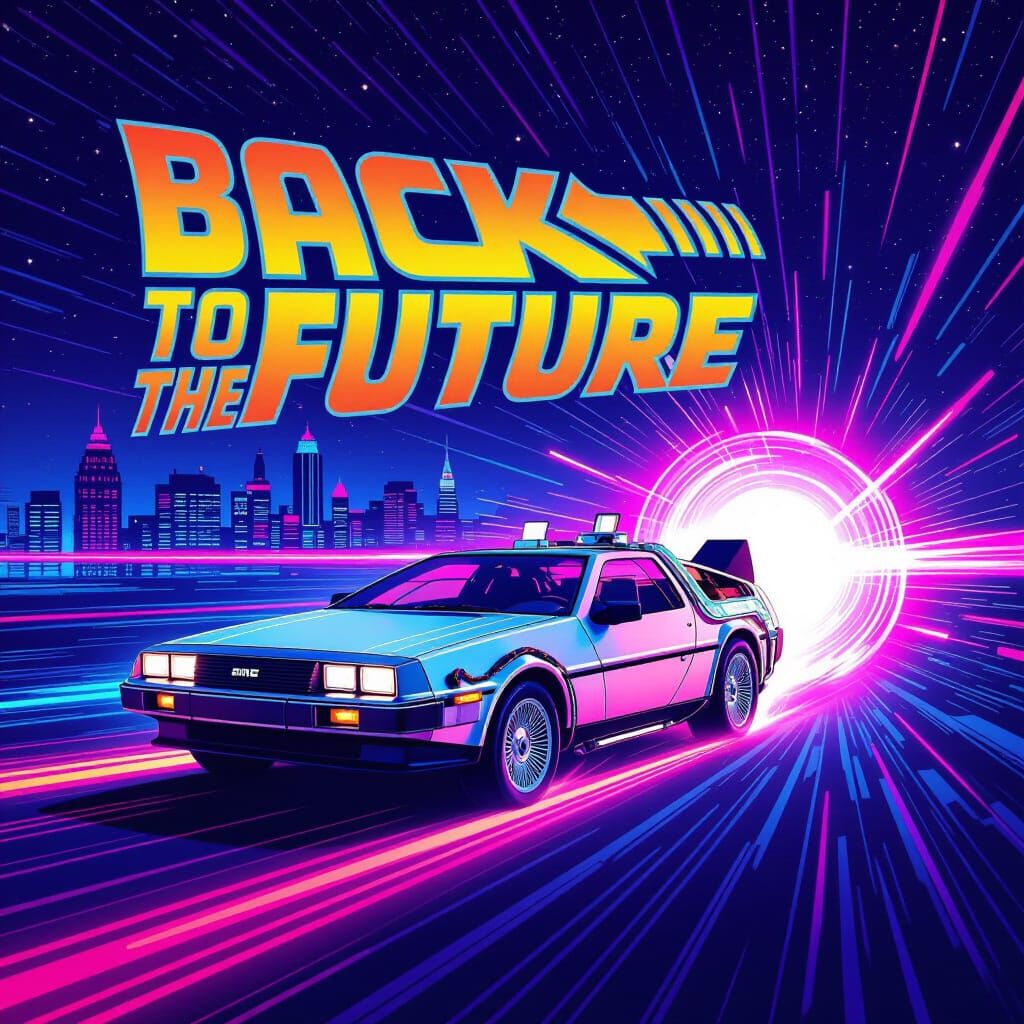 DeLorean Speeds Through Neon Vortex: Back to the Future Art