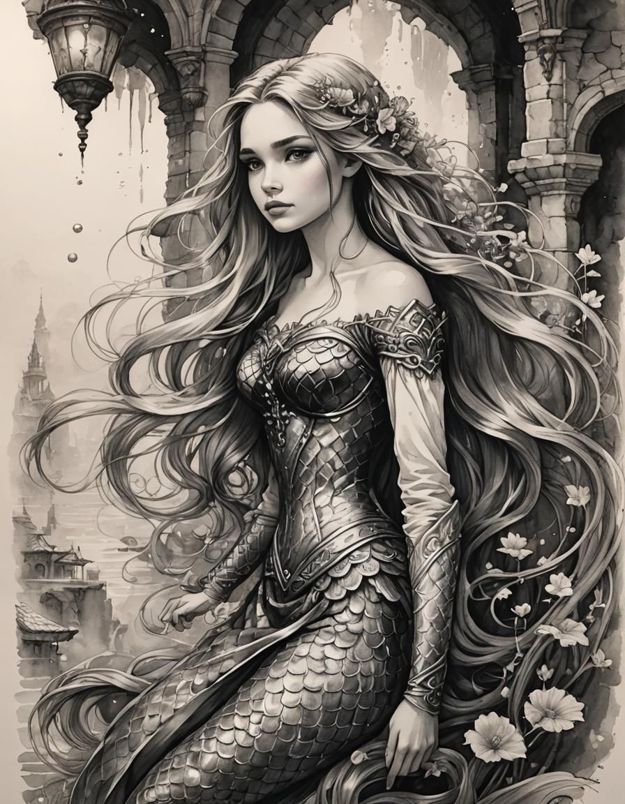 Mermaid Rapunzel: Fantasy Ink Drawing