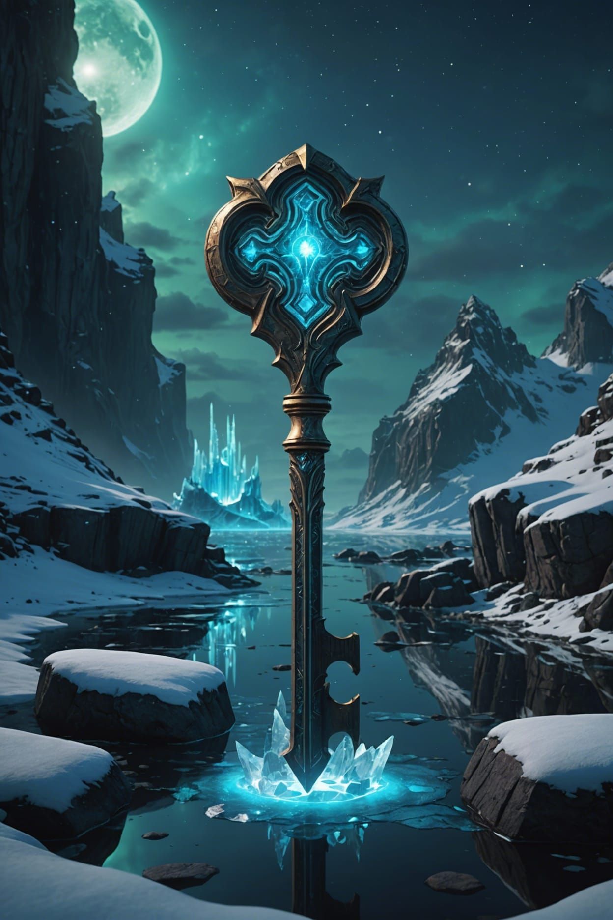 a bioluminescent glow magical frozen asgard key,