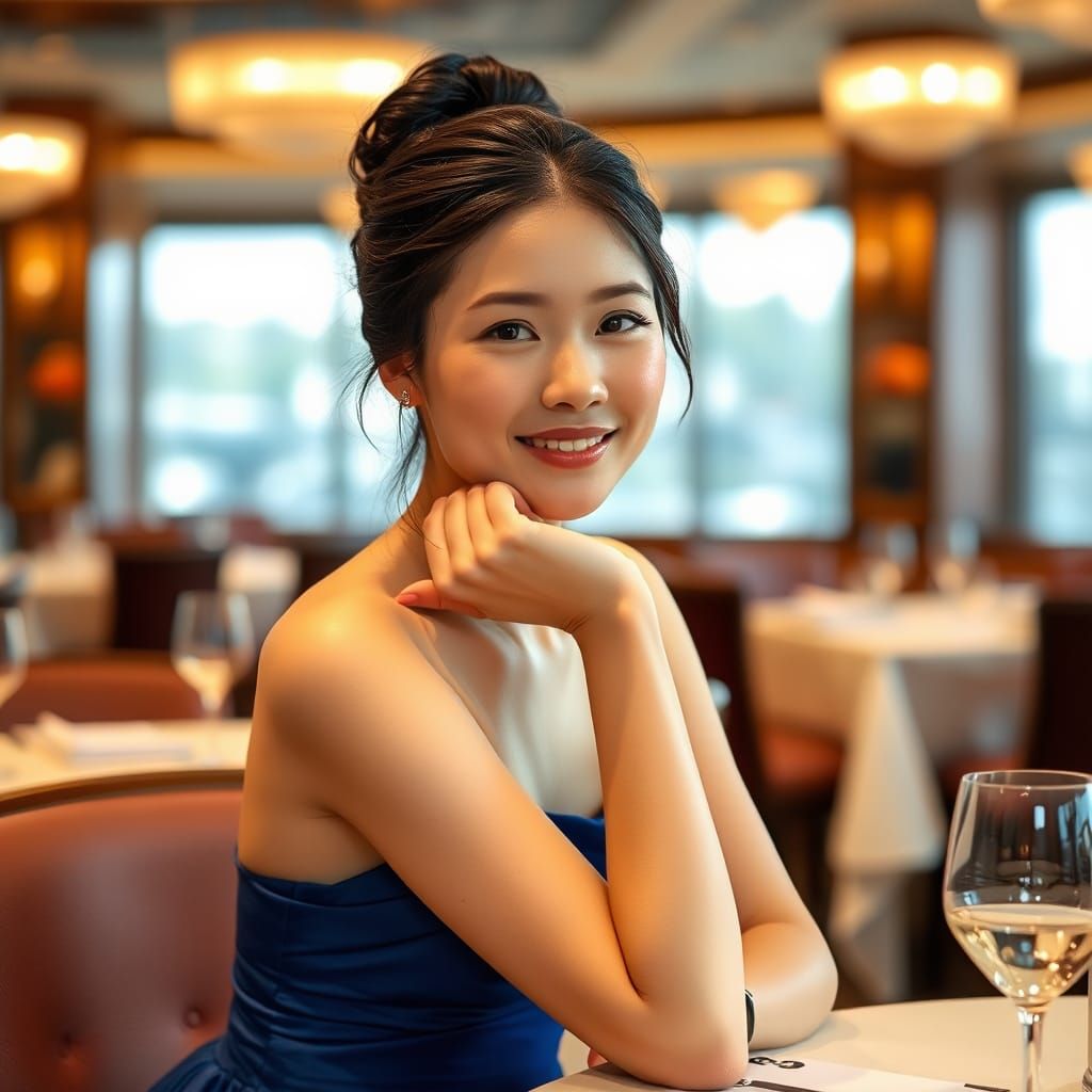 Elegant Japanese Woman in Blue Gown at Restaurant