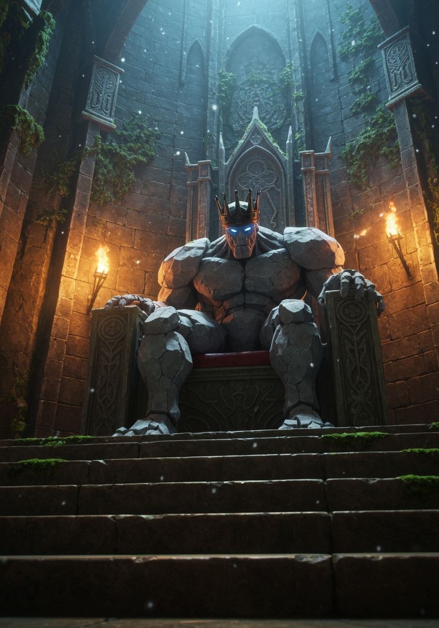 Golem King on Dungeon Throne in Anime Style