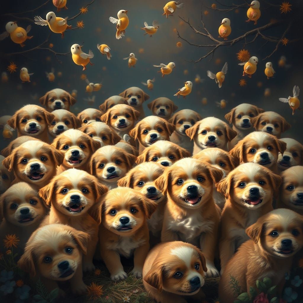 Adorable Puppies in a Dreamlike Fantasy Landscape