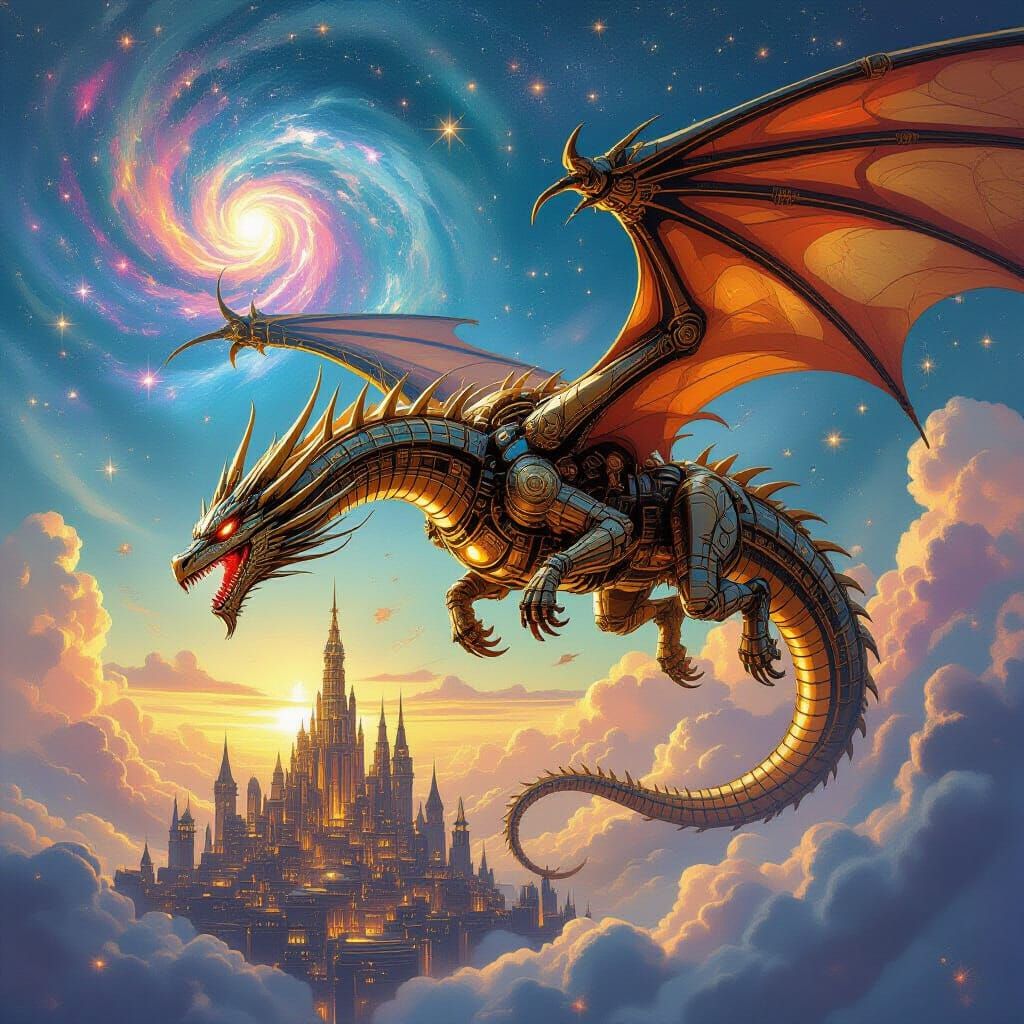 Clockwork Dragon Soars Through Starry Nebulae Above Steampun...