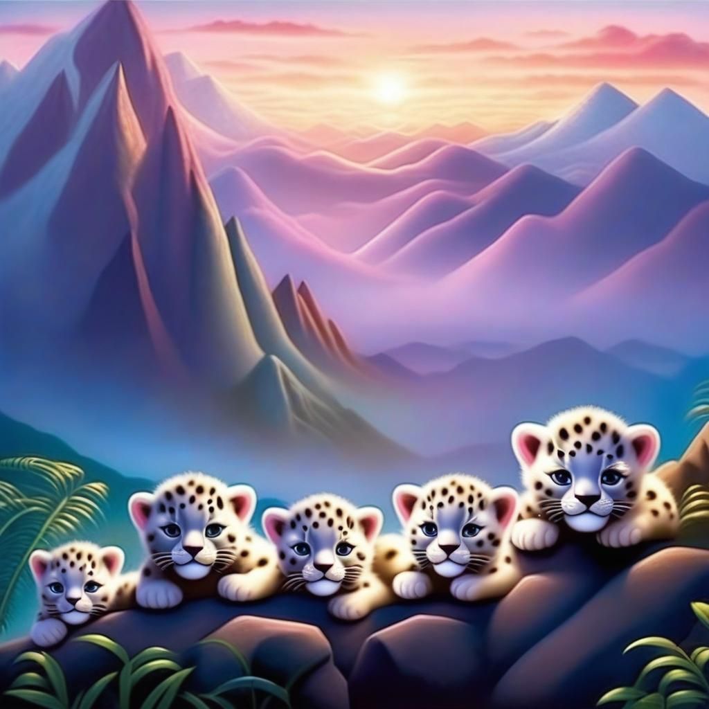 Chibi Snow Leopards in a Mountain Landscape
