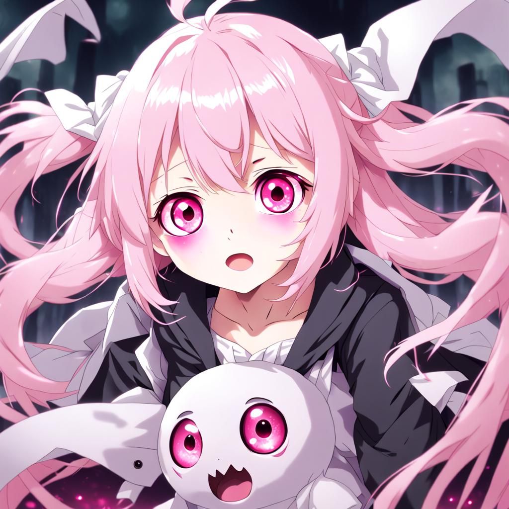 Cute Ghost with Pink Eyes in Anime Style