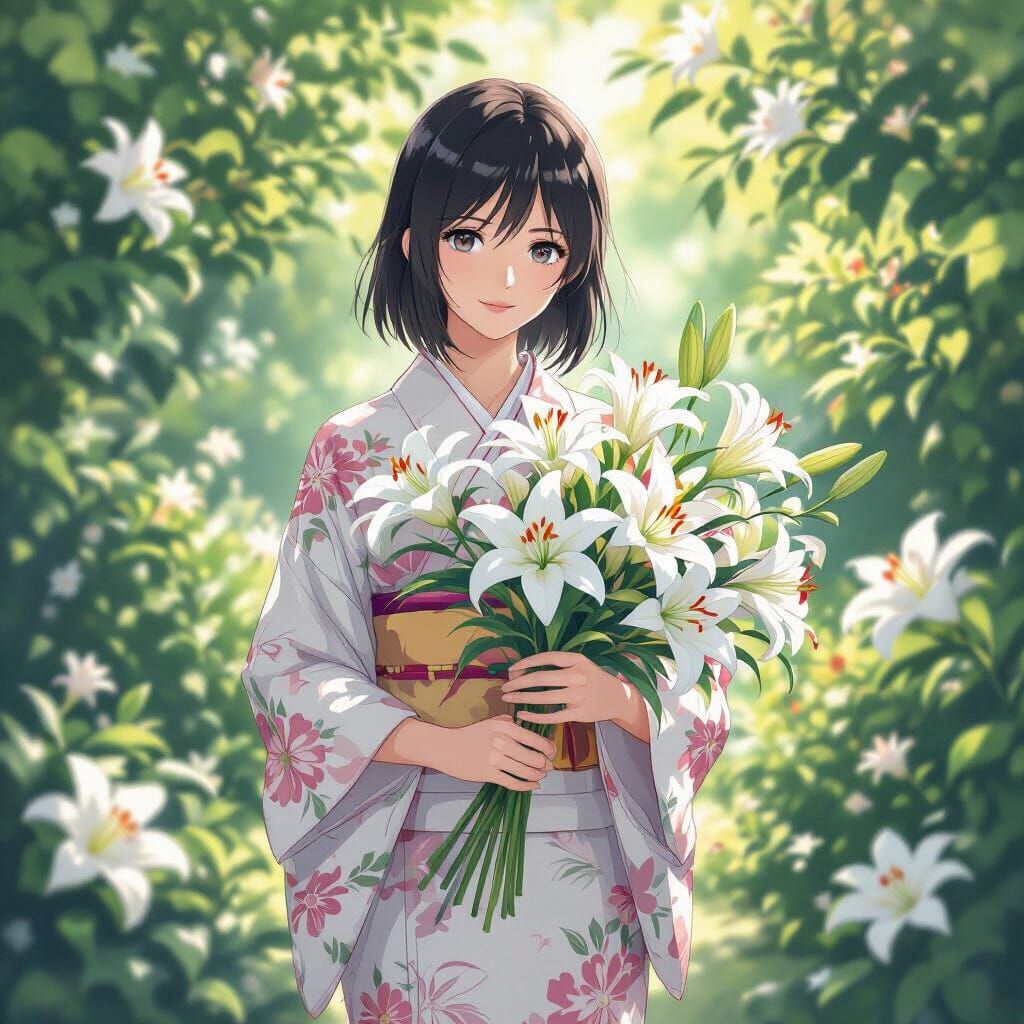 Mikasa Ackerman in Summer Garden with Lilies