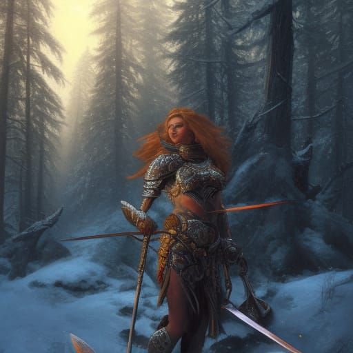 Female Warrior in Snowy Forest, Digital Dark Fantasy