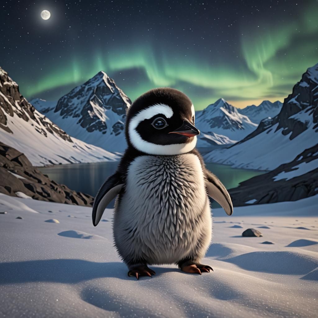 Fluffy Penguin Frollicking Under Aurora Sky