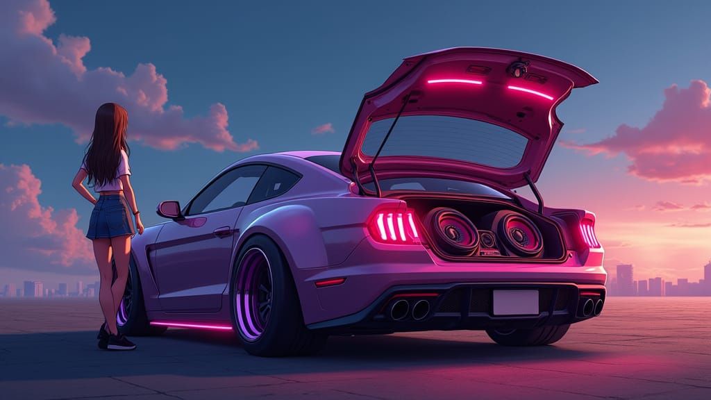 Anime Girl Leans Against Neon-Lit Sports Car with Custom Aud...