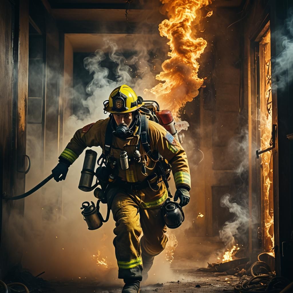 Heroic Fireman in Burning Building: Cinematic Close-Up