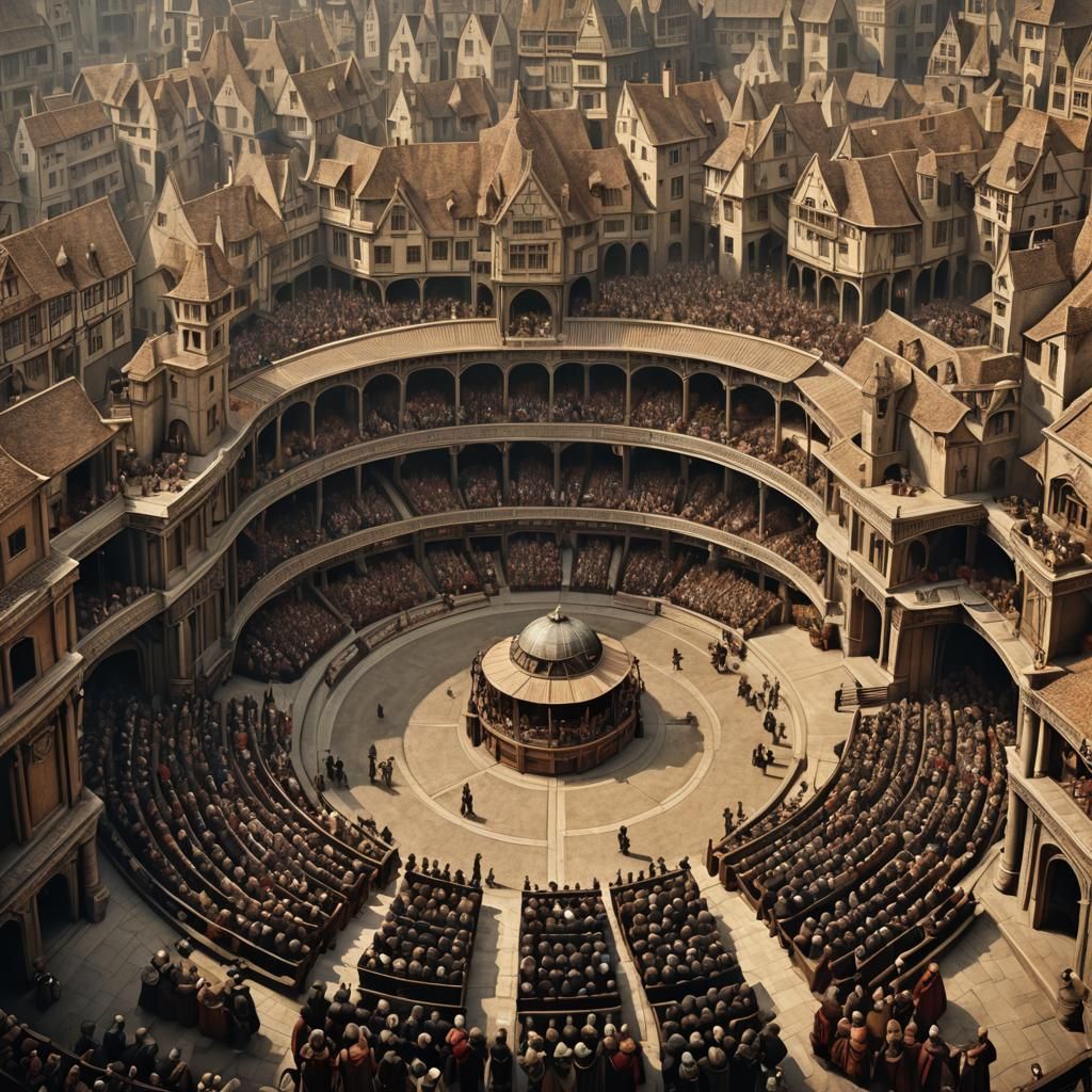 Bustling Globe Theatre in Renaissance-Era Art Deco Style