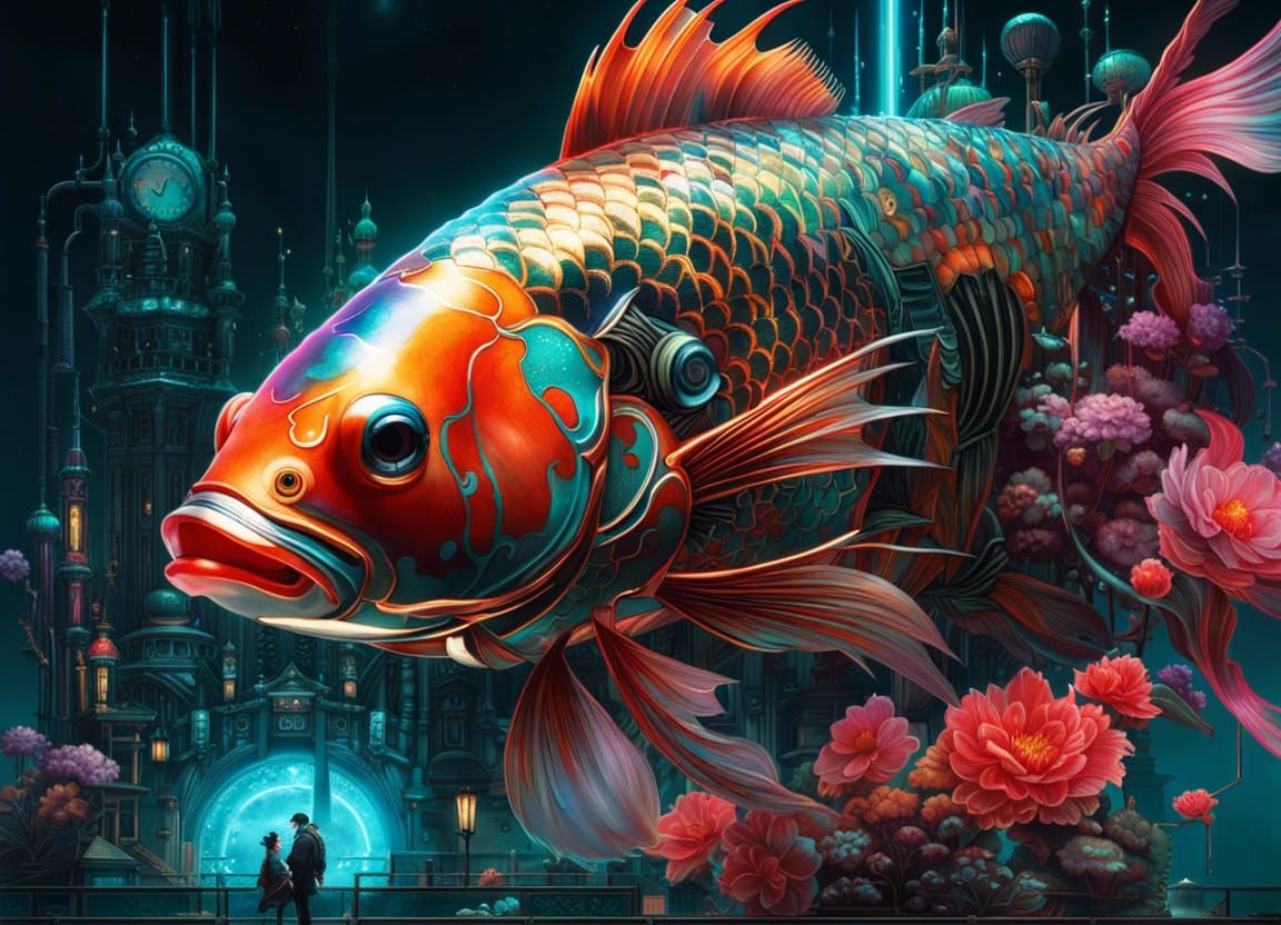 Cyberpunk Robot Koi Fish in Neon Glow