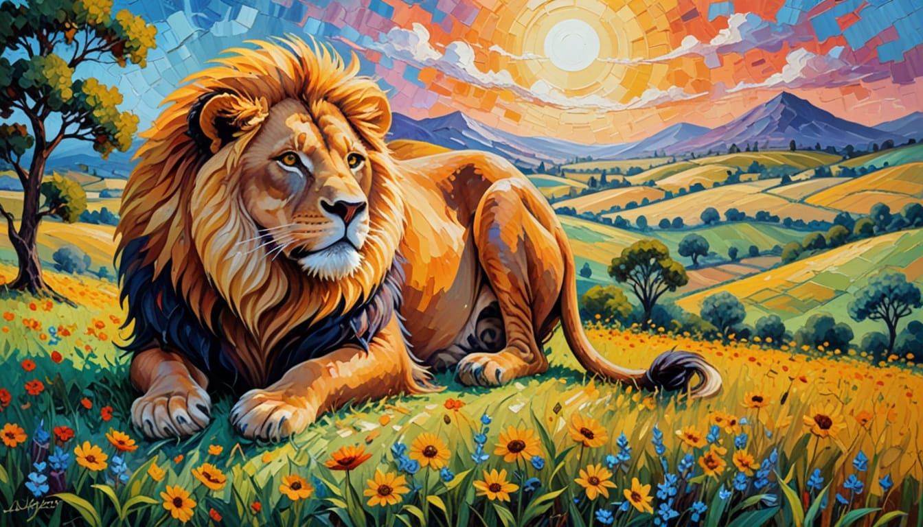 Majestic Lion Rests in Golden Sunflower Field Oil Painting