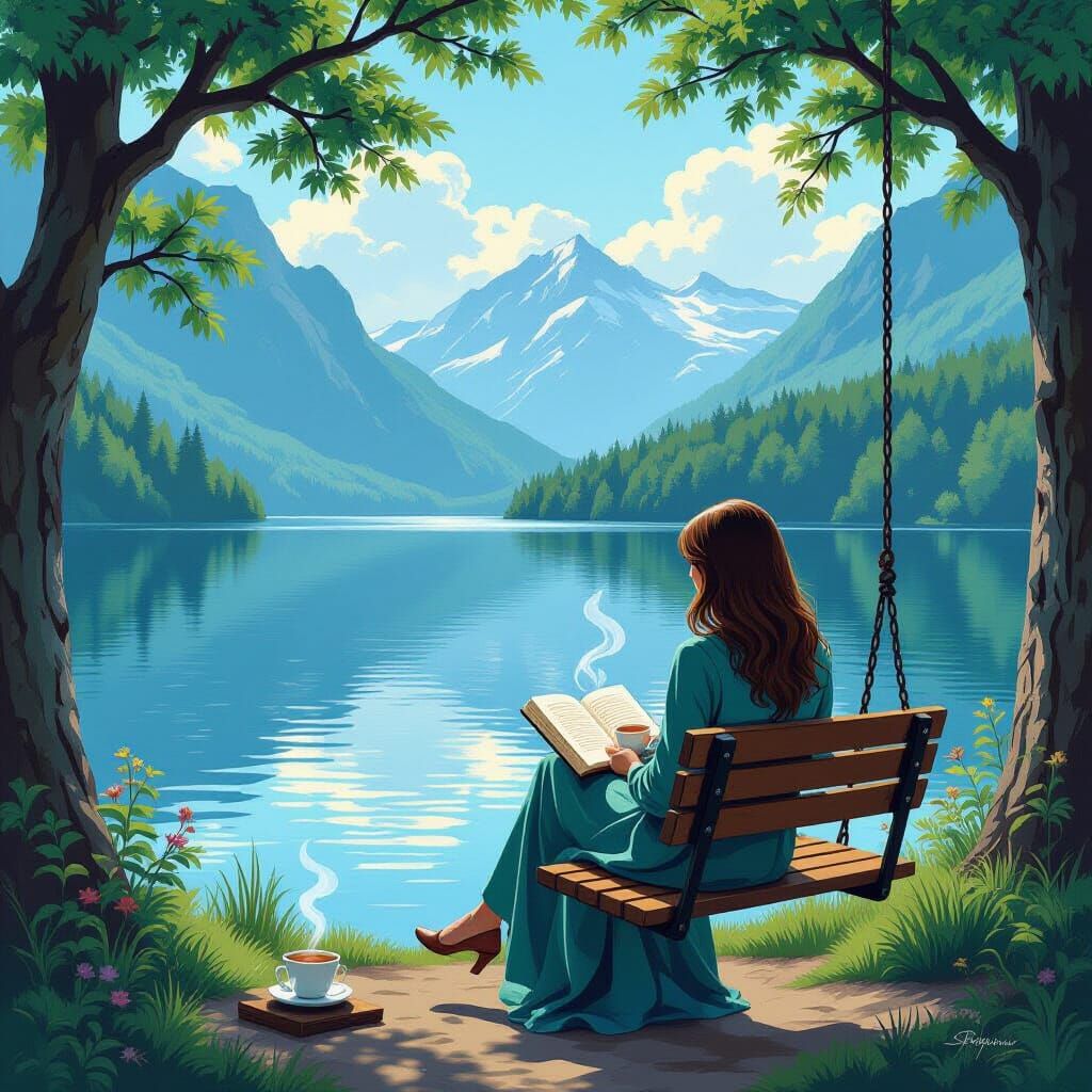 Peaceful Lakeside Scene in Luminist Style