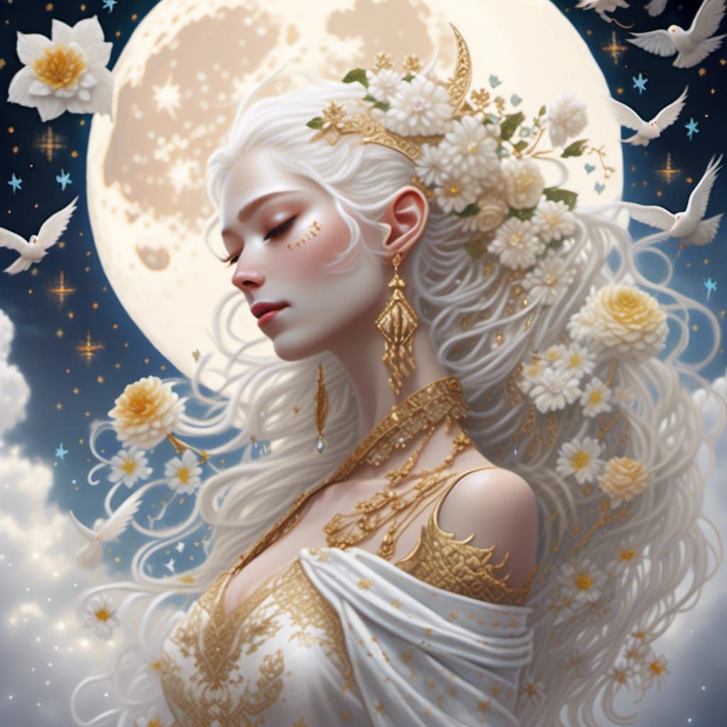 Ethereal Elf Under Floral Moon, Astral Illustration