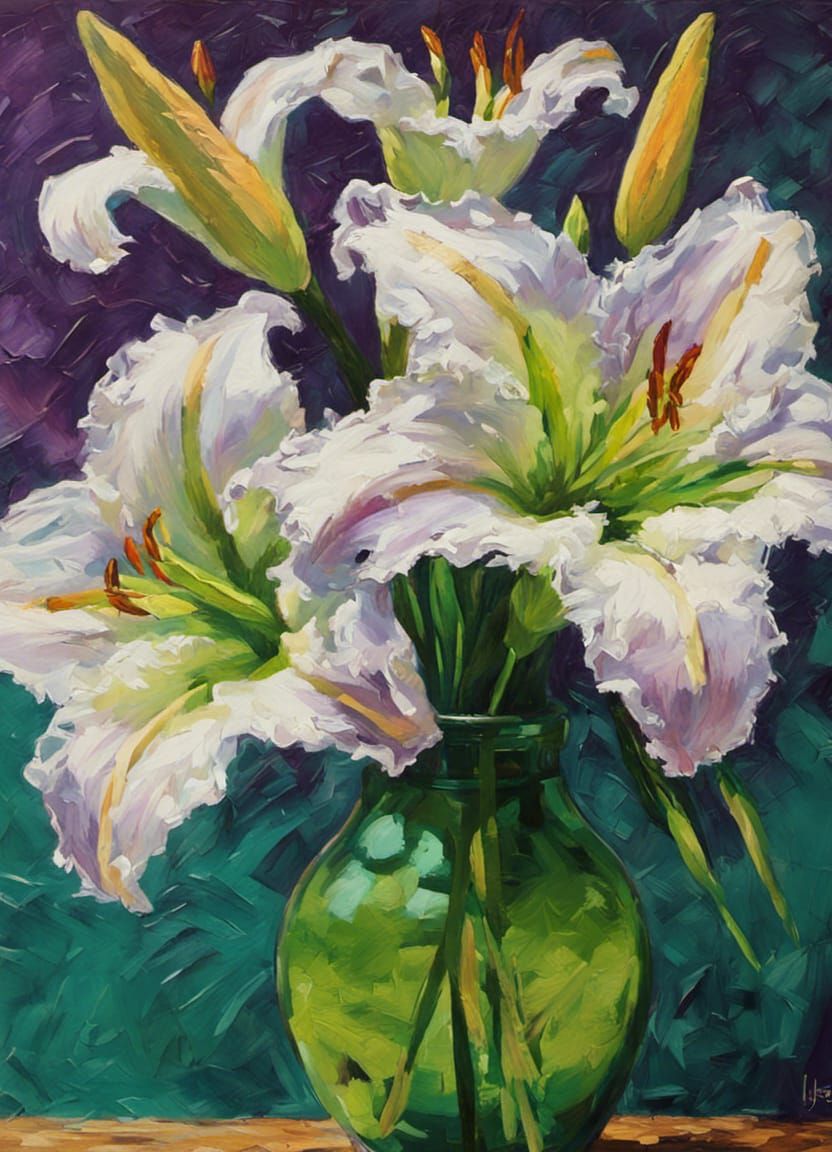 Stargazer Lilies in Green Vase, Expressionist Oil Painting