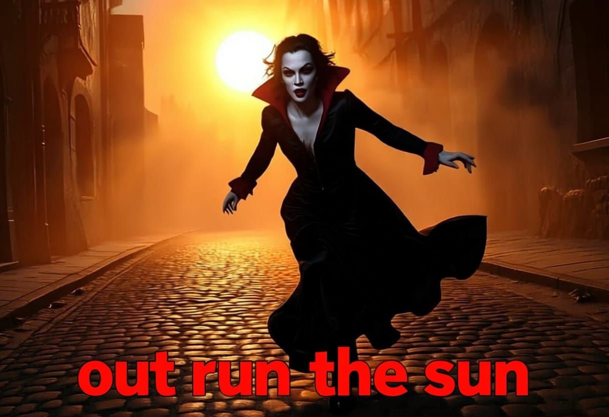 Vampire Chases Man Down Cobblestone Street at Night