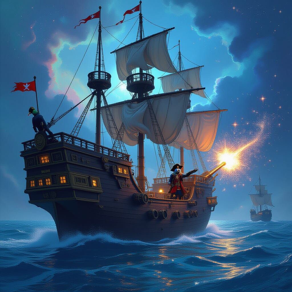 Cybernetic Parrot Captain Navigates Nebula in Pirate Galleon