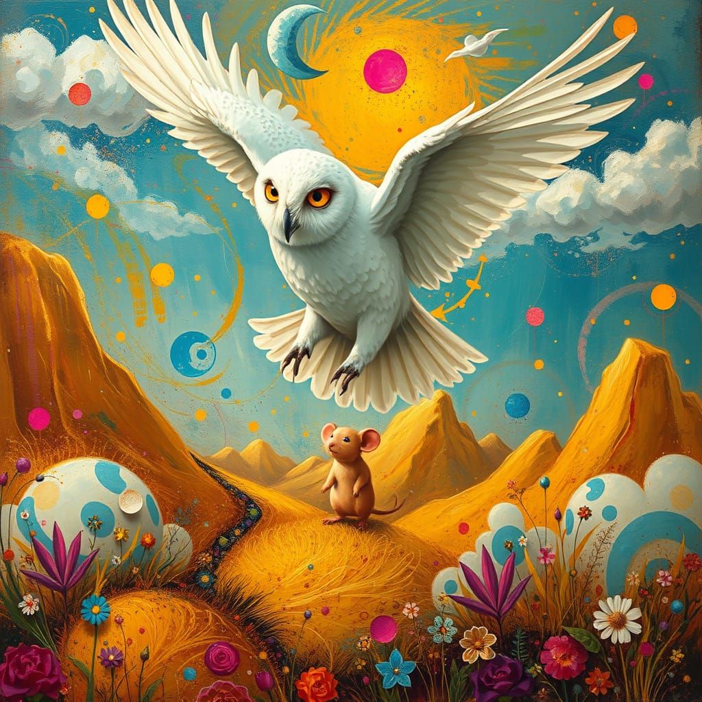 Whimsical Owl Soars Over Mouse in Dreamlike Landscape